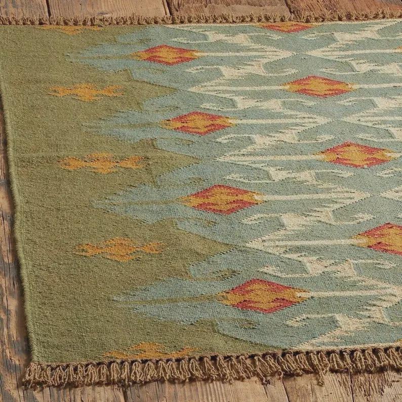 Handwoven Wool Jute Kilim Rug, Traditional Indian Dhurrie, Custom Size