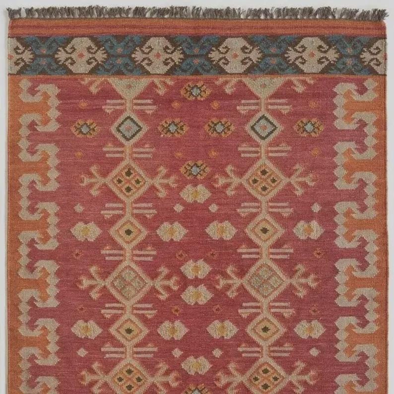 Handwoven Wool Jute Kilim Rug, Traditional Indian Dhurrie, Custom Size Area Carpet