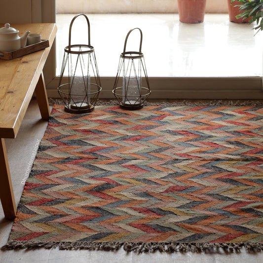 Handmade Wool And Jute Kilim Dhurrie Rug Traditional Indian Design Vintage Handwoven Geometric Carpet