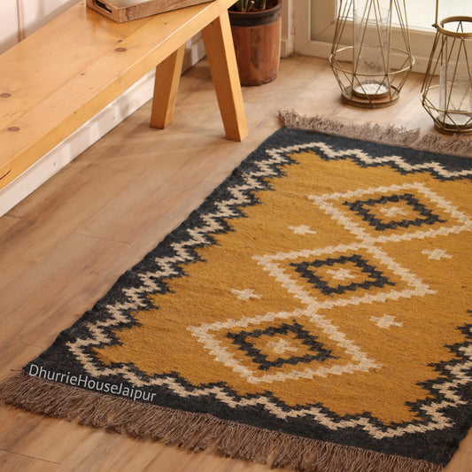 Handmade Wool Jute Kilim Dhurrie Rug Traditional Indian Design Vintage Large Area Carpet Turkishrug