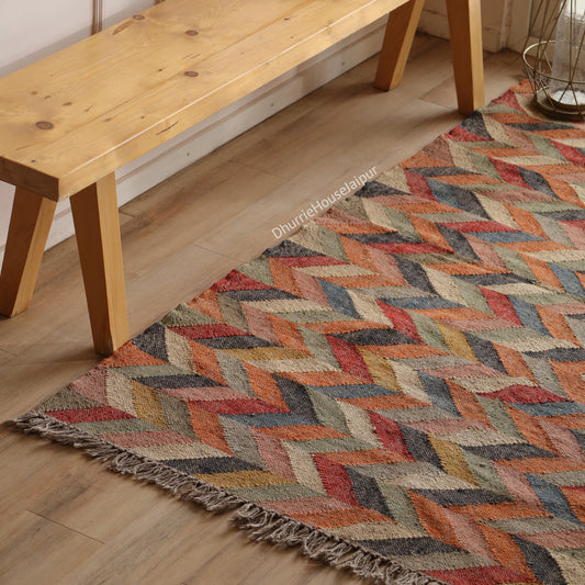 Handmade Wool And Jute Kilim Dhurrie Rug Traditional Indian Design Vintage Handwoven Geometric Carpet