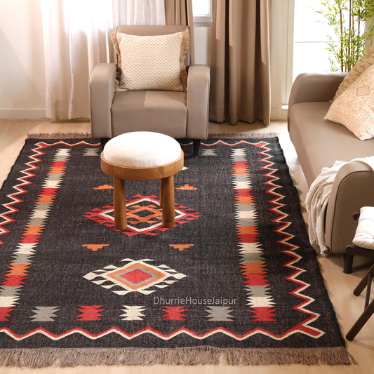 Handmade Wool Jute Kilim Rug: Traditional Indian Dhurrie, Custom Size