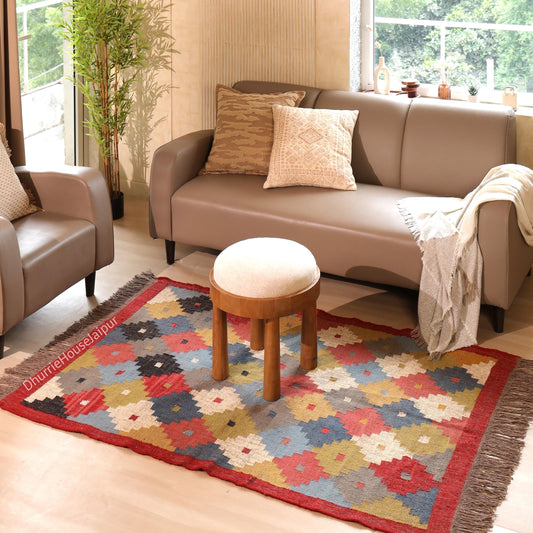 Handmade Wool And Jute Kilim Dhurrie Rug Traditional Indian Design