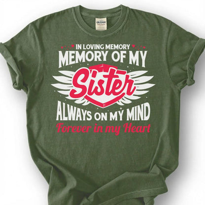 Loving Memory Sister Memorial Shirt, Grieving Sibling Angel Wing Tee, Lost Sister Remembrance T-Shirt, Forever In My Heart Heaven Top