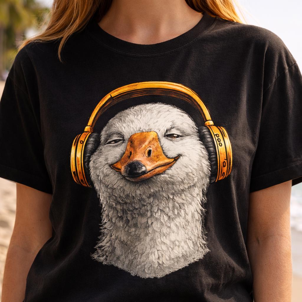 Funny Goose Headphones Shirt, Cute Duck Graphic Tee, Animal Lover Music Shirt, Red Unisex Meme T Shirt Gift