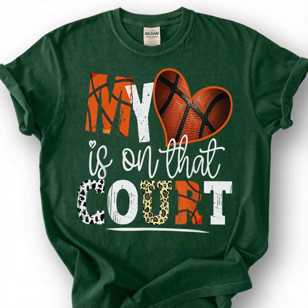 My Heart Is On That Court Basketball Shirt, Basketball Mom T-Shirt, Proud Basketball Parent Tee, Basketball Family Gift, Hoops Mom Dad Life