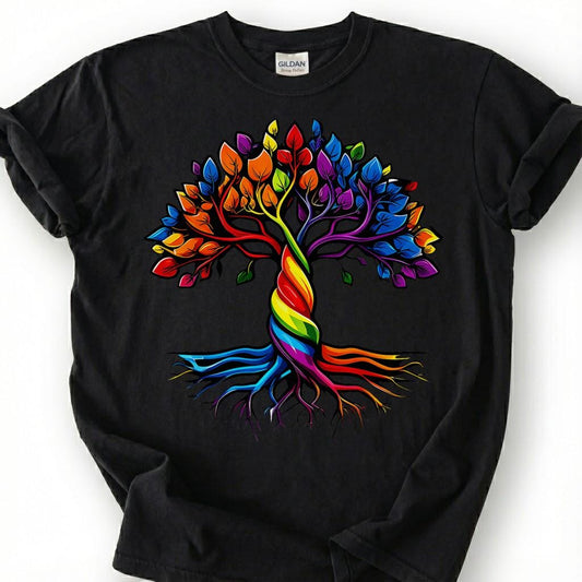 Vibrant Rainbow Tree Of Life Pride Shirt, Colorful Twisted Trunk Tee, LGBTQ Roots Identity Gift, Queer Nature Spiritual Apparel Graphic